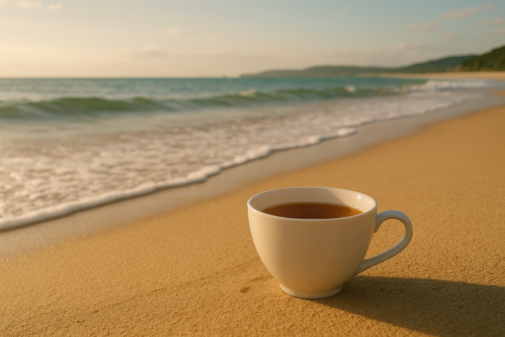 tazza da the in una spiaggia